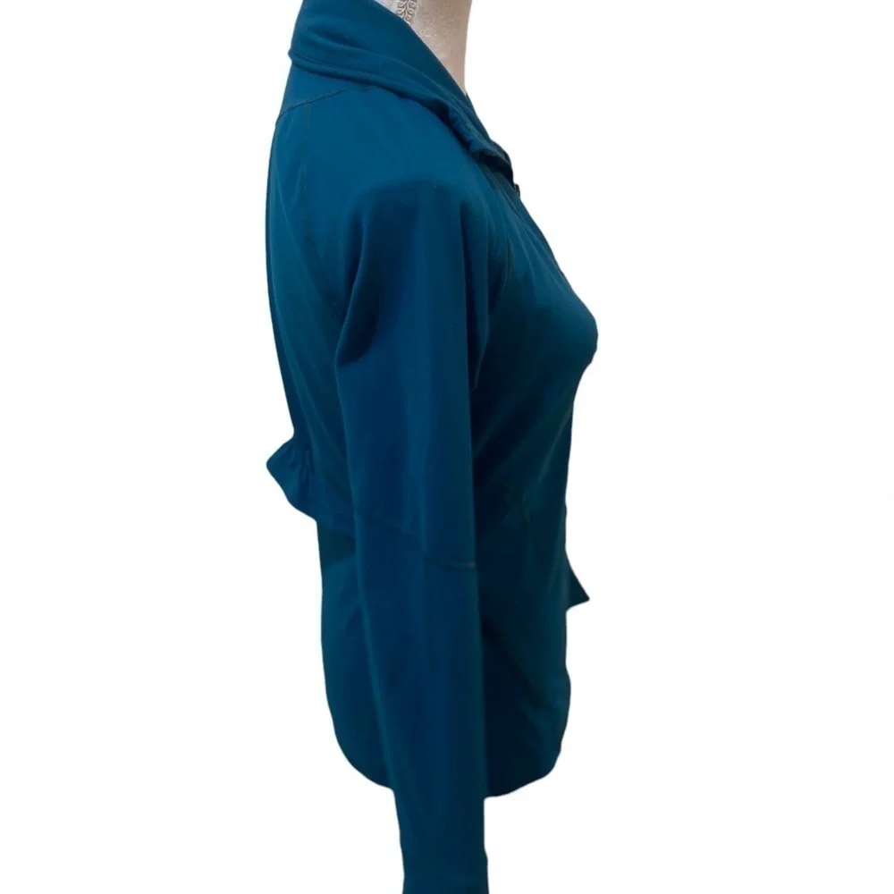 Zella zip up teal ruched athletic jacket with zip up pockets & ruffle back small
